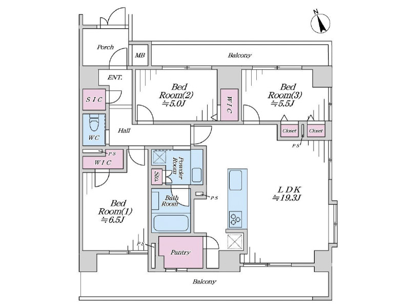 区分マンション　3LDK　3方向角部屋　船橋市前原東1丁目　間取図