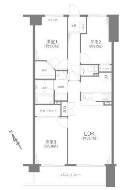 区分マンション3LDK 市川市大洲1丁目 間取図