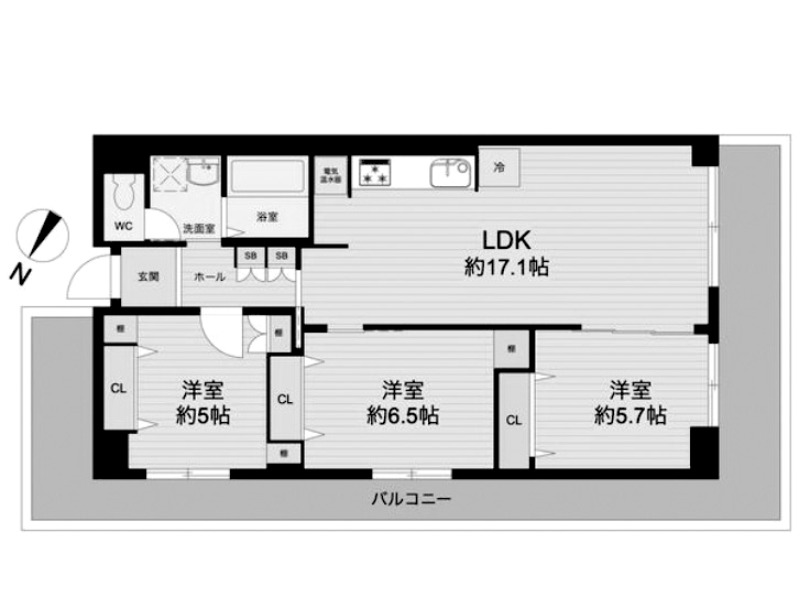 区分マンション　3LDK　77.61㎡　1階　3面バルコニー　市川市幸2丁目　間取図