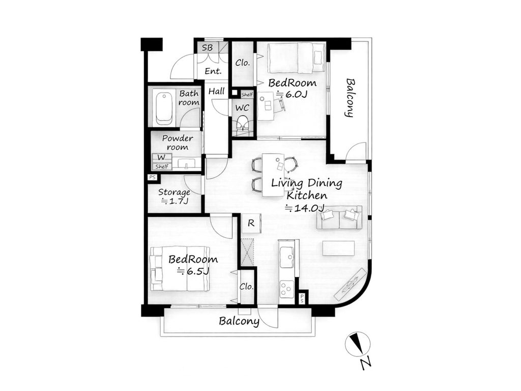 区分マンション 上階なし×2面バルコニー角住戸(2LDK・ペット可)船橋市印内3丁目 間取図