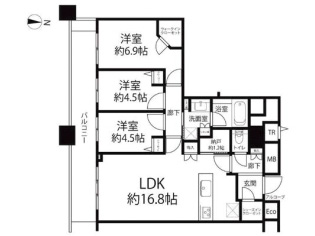 中古マンション 3LDK 免振24階 全居室南向き 千葉市中央区中央中央3丁目 間取図