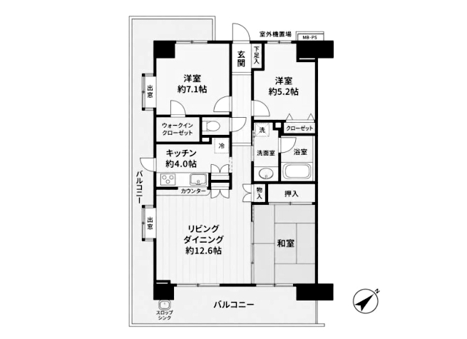 中古マンション 東南角住戸 3LDK 2001年2月築 千葉市花見川区幕張町3丁目 間取図